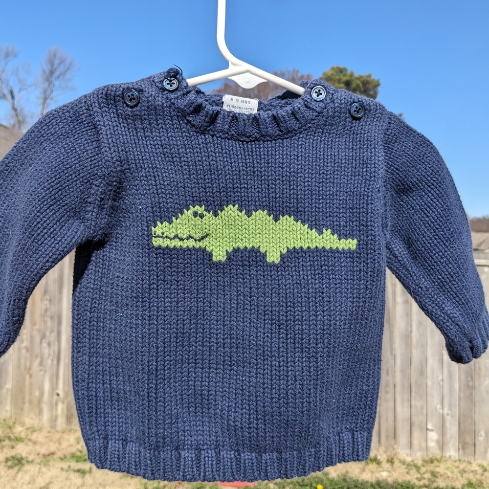 Navy Sweater with Green Crocodile Design
